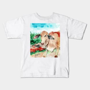 Cute Hand Painted Baby Cow in a Field Kids T-Shirt